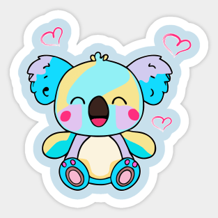 Happy smiling baby koala bear with love hearts. Kawaii cartoon Sticker